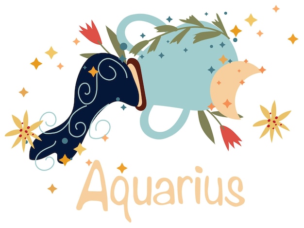 Signo del zodiaco Acuario con hojas coloridas y estrellas alrededor. Zodíaco astrológico de Acuario. Vector