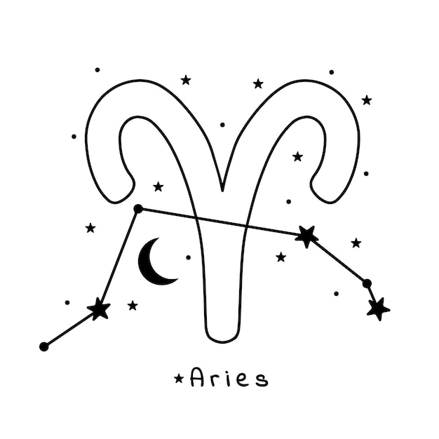 Signo del zodiaco de Aries con estrellas, luna y constelación de estrellas en arte vectorial de fondo blanco