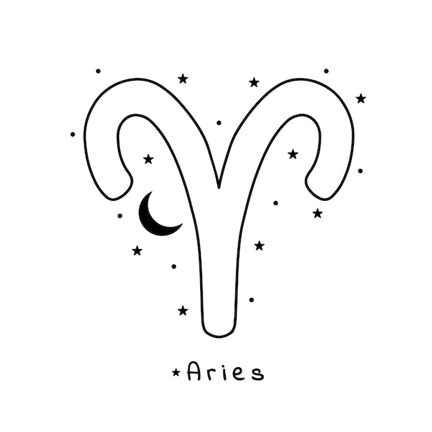 Signo del zodiaco de Aries con estrellas y luna en fondo blanco arte vectorial