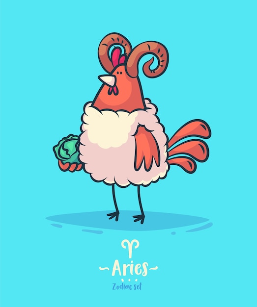 Signo del zodiaco aries. gallo y repollo. cartel del fondo de la tarjeta de felicitación del zodiaco.