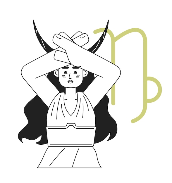 Signo del zodiaco de Capricornio concepto monocromo ilustración de puntos vectoriales Niña con cuernos cruzando palmas 2D plano bw personaje de dibujos animados para diseño de interfaz de usuario web Astrología aislada imagen de héroe dibujada a mano editable