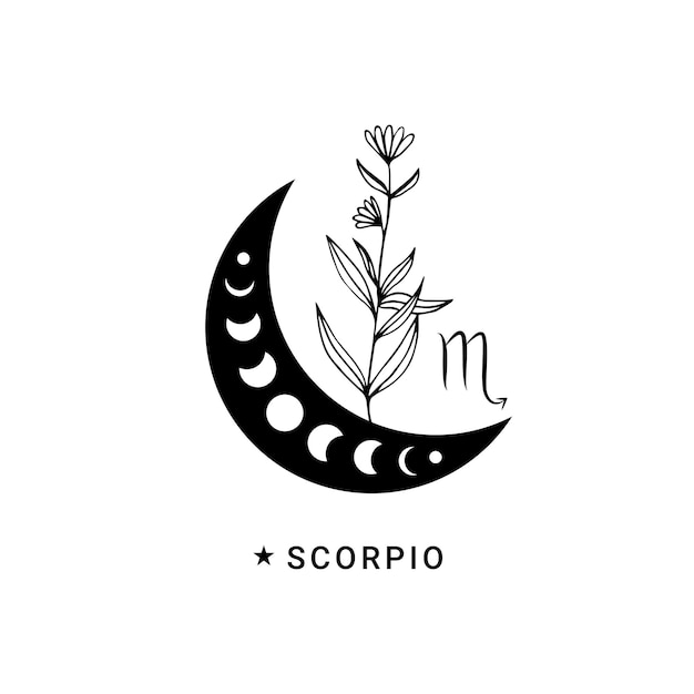 Vector signo del zodiaco escorpio con flores silvestres y fases lunares