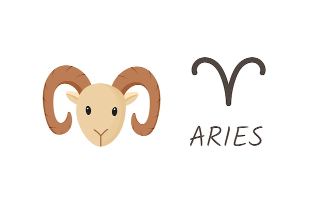 Signo del zodiaco del horóscopo de Aries con símbolo e inscripción Estilo de dibujos animados de cabeza de carnero