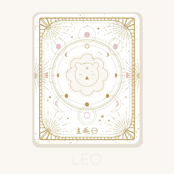 Vector signo del zodiaco leo tarjeta símbolo del horóscopo astrológico con fases de la luna icono de oro gráfico en un blanco