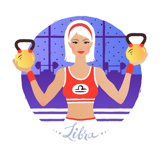 Signo del zodiaco libra. mujer joven, en, el, gimnasio