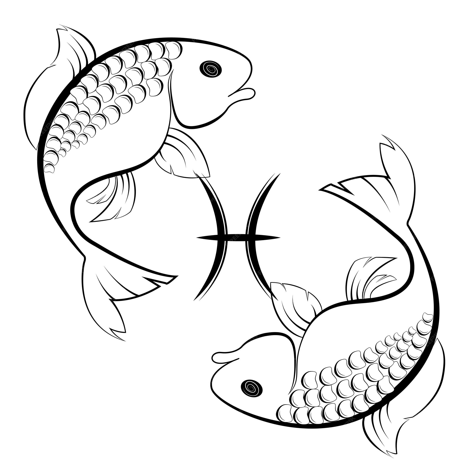 Signo del zodiaco piscis en blanco y negro que representa dos peces y un  símbolo aislado en la ilustración de vector de fondo blanco | Vector Premium