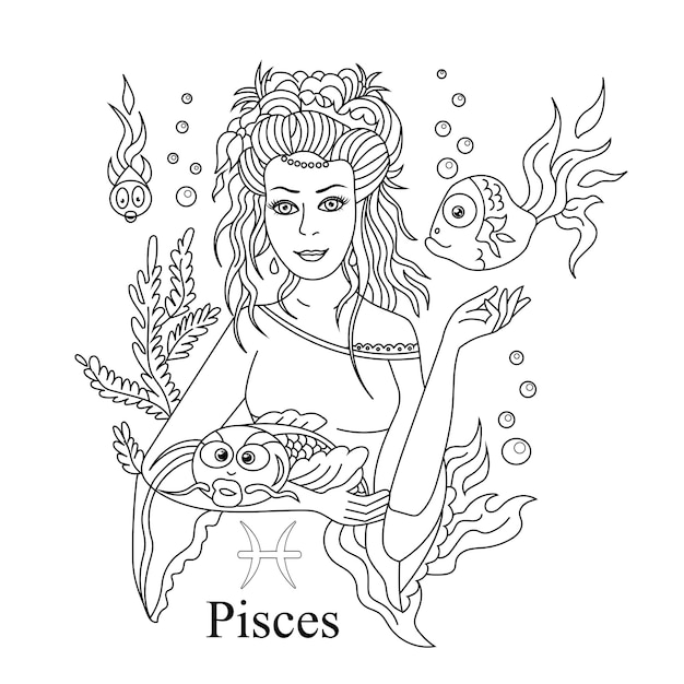 Signo del zodiaco Piscis como una hermosa niña para colorear página Ilustración vectorial aislada