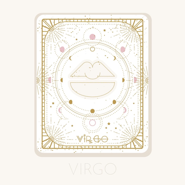 Vector signo del zodiaco tarjeta de virgo símbolo del horóscopo astrológico con luna icono gráfico de oro sobre fondo blanco