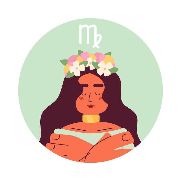 Vector signo del zodiaco virgo ilustración de punto vectorial redondo plano mujer latina joven personaje de dibujos animados 2d en blanco para diseño de interfaz de usuario web astrología aislada imagen de héroe creativo editable