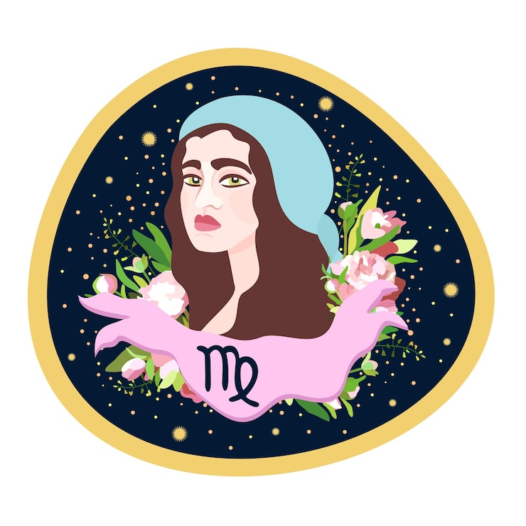 Vector signo del zodiaco virgo vector composición aislada sobre fondo azul oscuro concepto de horóscopo