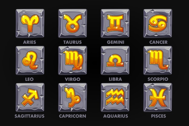 Signos de la astrología de oro en el botón de piedra, establecer 12 Zodíaco o diseño del juego. Iconos vectoriales en una capa separada
