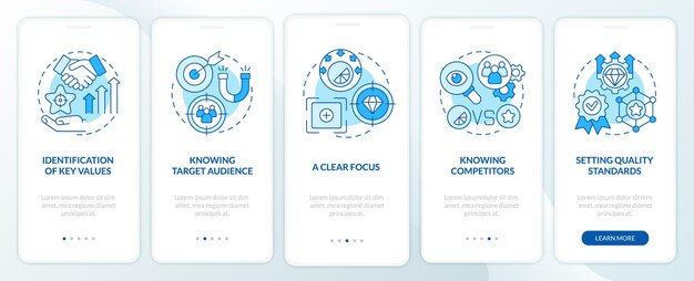 Signos de una buena marca azul en la pantalla de la página de la aplicación móvil incorporada. Tutorial de gestión empresarial Instrucciones gráficas de 5 pasos con conceptos. UI, UX, plantilla de vector de GUI con ilustraciones en colores lineales
