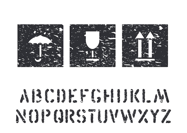 Signos de caja de goma de grunge de vector y alfabeto de carga para logística, carga. vidrio, paraguas, iconos negros estándar de flecha aislados