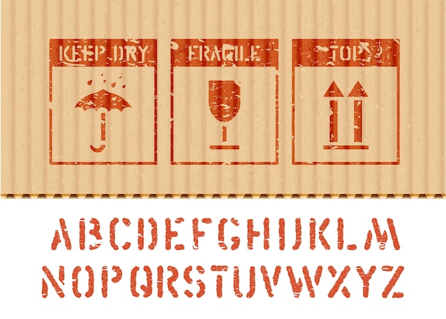 Signos de caja de grunge de carga estándar y alfabeto para paraguas de carga y logisticks, vidrio, iconos de flecha hacia arriba en cartón. Vector