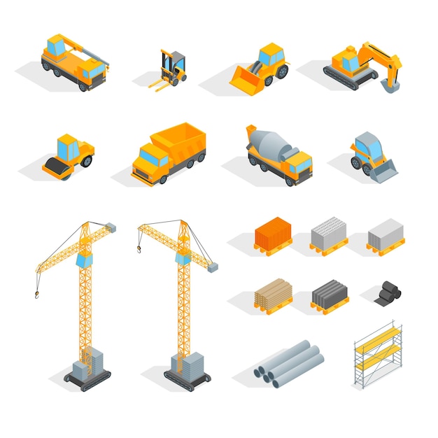 Signos de construcción Conjunto de iconos 3d Vista isométrica Incluye camión grúa Excavadora Bulldozer y máquina Ilustración vectorial de icono