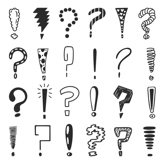 Signos de exclamación y puntos de pregunta Sketch interrogativos grunge scribble signos de exclamación de preguntas Problema o pensamiento símbolos vectoriales neotéricos de signos de exclamación ilustración de boceto