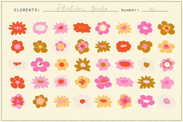 Signos de flores hippies. Conjunto de ilustraciones vectoriales de diferentes colores