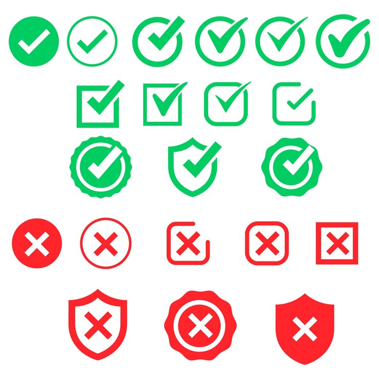 Vector signos de garrapatas y pinceles cruzados marca de verificación verde iconos ok y x rojos aislados en fondo blanco