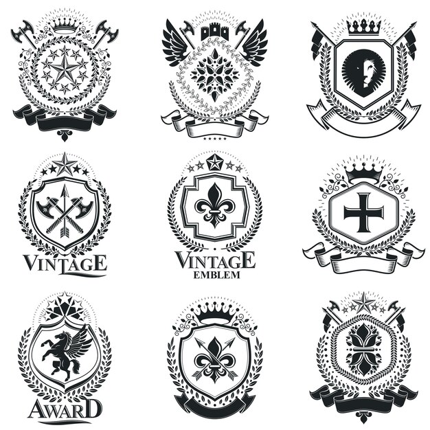 Vector signos heráldicos, elementos, emblemas heráldicos, insignias, signos, vectores. elegante colección de ilustraciones simbólicas de alta calidad, conjunto de vectores.