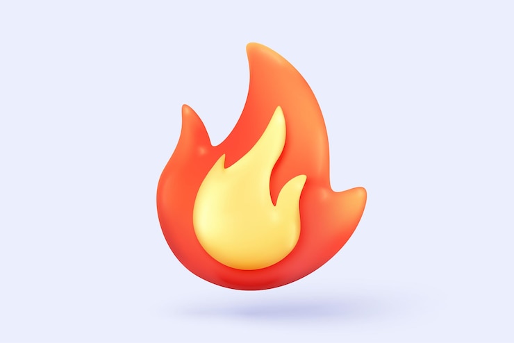 Vector los signos de icono de llama de fuego en 3d con colores rojos ardientes, chispas en el fondo, chispas de fuego, botones emoji, simplicidad, energía y conceptos de poder.