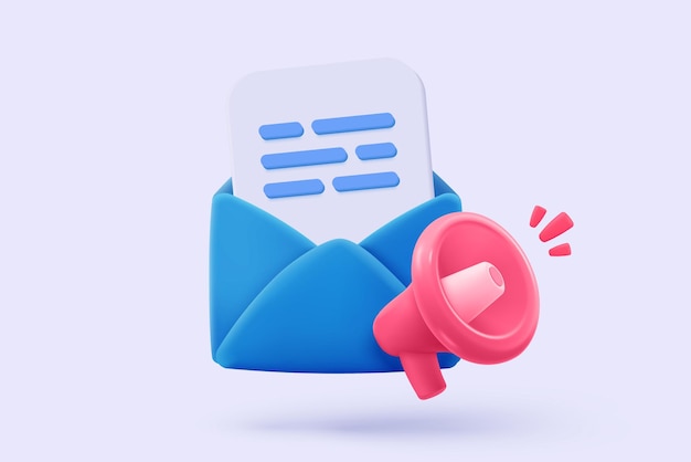 Los signos de icono de marketing de correo electrónico 3D con aviso de altavoz importante Micrófono fuerte para el compromiso en las redes sociales Conceptos de periódico o revista Correo de voz 3D anuncian icono vector render ilustración