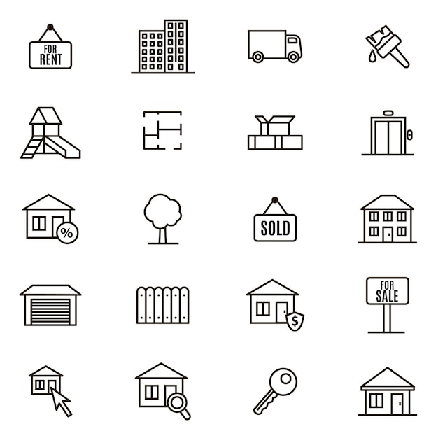 Signos inmobiliarios icono de línea delgada negra conjunto vector