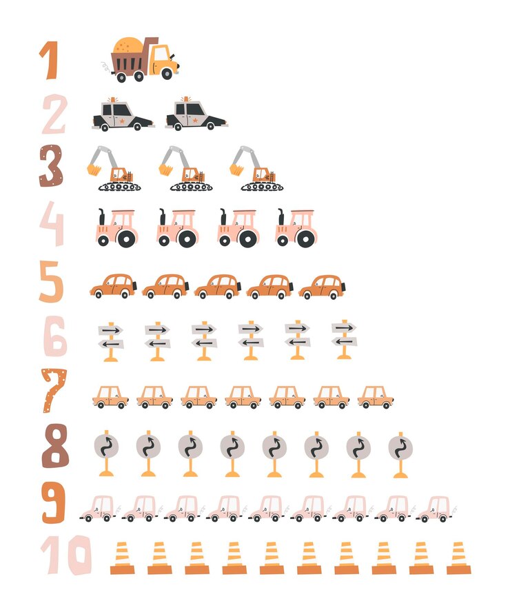 Vector signos numéricos con coches cartel de números educativos vectoriales para niños