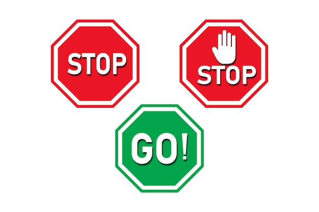 Signos de parada y salida Establecen formas octogonales rojas y verdes Símbolo de señales de parada y partida