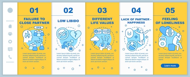 Signos de problemas de relaciones al incorporar la plantilla vectorial de páginas web móviles. Idea de interfaz de sitio web de teléfono inteligente sensible con ilustraciones lineales. Pantallas paso a paso del tutorial de la página web. concepto de color