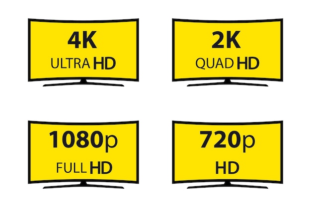 Signos de tecnología moderna. 4k ultra hd, 2k quad hd, 1080p full hd y 720p hd. Símbolo de ilustración vectorial Etiqueta de visualización del monitor
