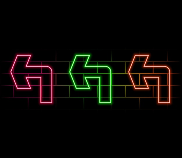 Los signos vectoriales de neón con flecha de luz en fondo oscuro son azul, verde, rosa y púrpura brillantes