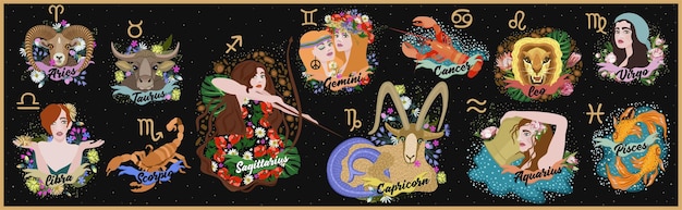 Signos zodiacales astrológicos. Aries, Tauro, Géminis, Cáncer, Leo, Virgo, Libra, Escorpio, Sagitario