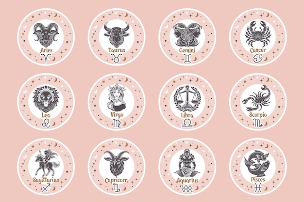 Vector los signos del zodiaco de la astrología establecen íconos redondos místicos símbolos esotéricos para logotipos o íconos colores pastel