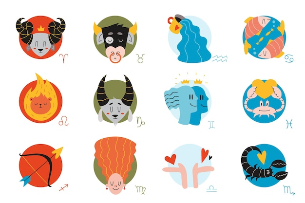 Signos del zodiaco Conjunto de tema astrológico de ilustración vectorial aislado sobre fondo blanco Ilustración de moda dibujada a mano linda Estilo de vector de dibujos animados planos