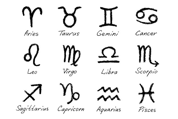 Signos del zodiaco dibujados a mano Conjunto de dibujos de símbolos esotéricos Clipart de astrología Elementos para el diseño