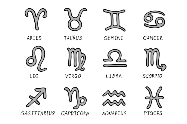Signos del zodiaco dibujados a mano Conjunto de garabatos de símbolo esotérico Elementos de imágenes prediseñadas de astrología para el diseño
