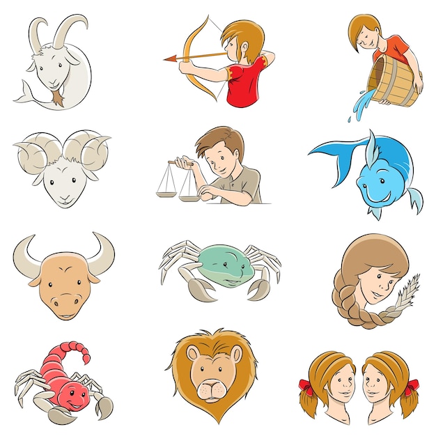 Signos del zodiaco de dibujos animados aislado sobre un fondo blanco.