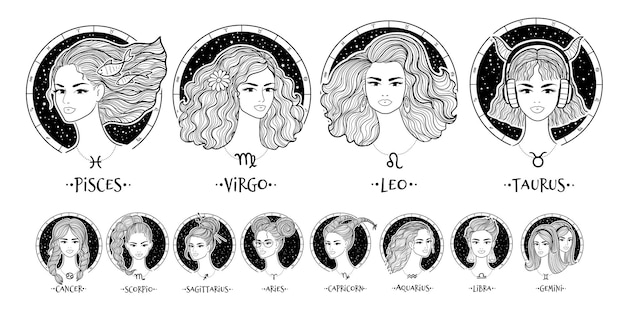 Vector signos del zodiaco línea arte chicas retratos de moda
