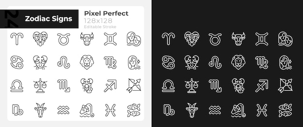 Signos del zodiaco píxeles perfectos iconos grandes lineales establecidos para el modo de luz oscura