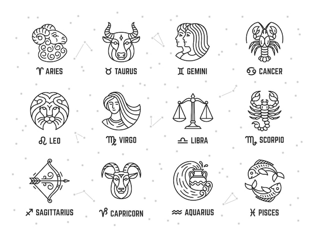 Vector signos del zodiaco signo de astrología y constelación aries cáncer libra símbolos del horóscopo esotérico virgo piscis y acuario aislado conjunto de vectores ordenados