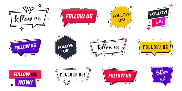 Sigue nuestro banner colección de iconos de insignias Sigue nuestros insignias para redes sociales en diferentes estilos Promoción sigue nuestros banners