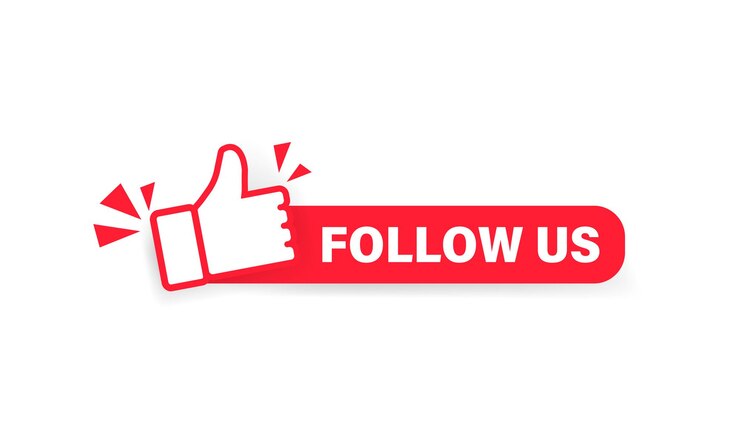 Síguenos banner. Etiqueta con el icono de pulgar hacia arriba. Pegatina. Concepto de redes sociales. Vector sobre fondo blanco aislado. EPS 10.