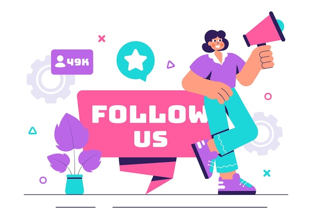 Siguenos y Me gusta Ilustración vectorial para anuncios de redes sociales con usuarios que se involucran con una página interesante para ganar seguidores