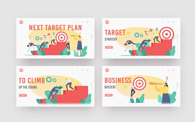 Siguiente conjunto de plantillas de página de destino del plan objetivo. Equipo de personajes de negocios subiendo escaleras. La gente de negocios alcanza el objetivo. Trabajo en equipo y liderazgo, crecimiento de la inversión, desafío. Ilustración vectorial de dibujos animados