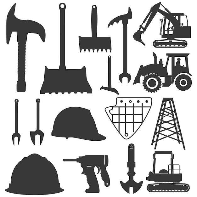 Vector silhouette herramientas y equipos de construcción color negro sólo