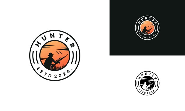 Silhouette hombre cazador de animales con su arma de francotirador logotipo diseño insignia emblema