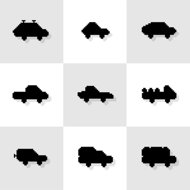 Vector silhouette pixel art 90s humor 8bit estilo retro silueta de automóviles conjunto de negro pixelado