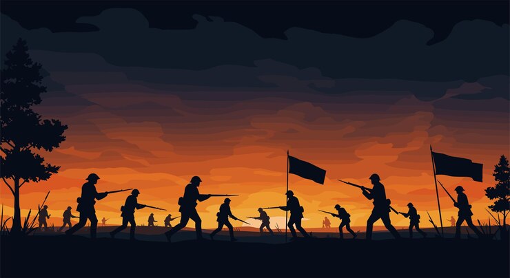 Silhouetted Soldiers Marching into Battle at Sunset