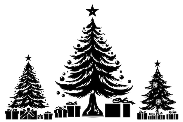 Silhueta de árboles de Navidad y regalos