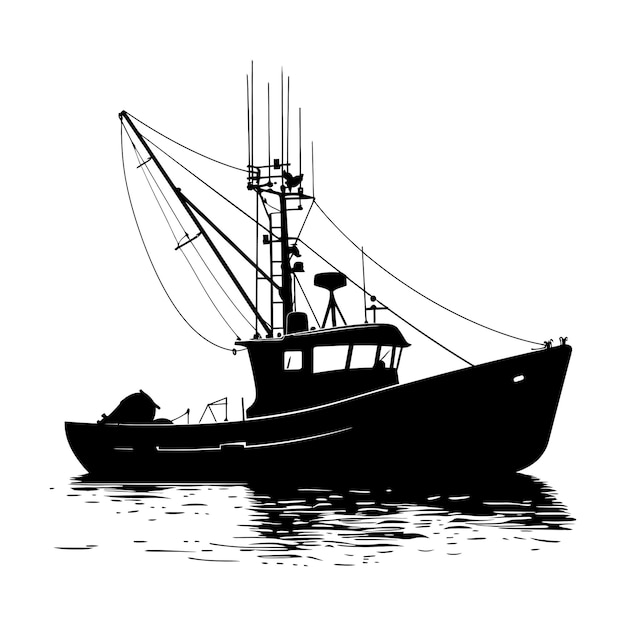 Silhueta de barco de pesca sólo color negro